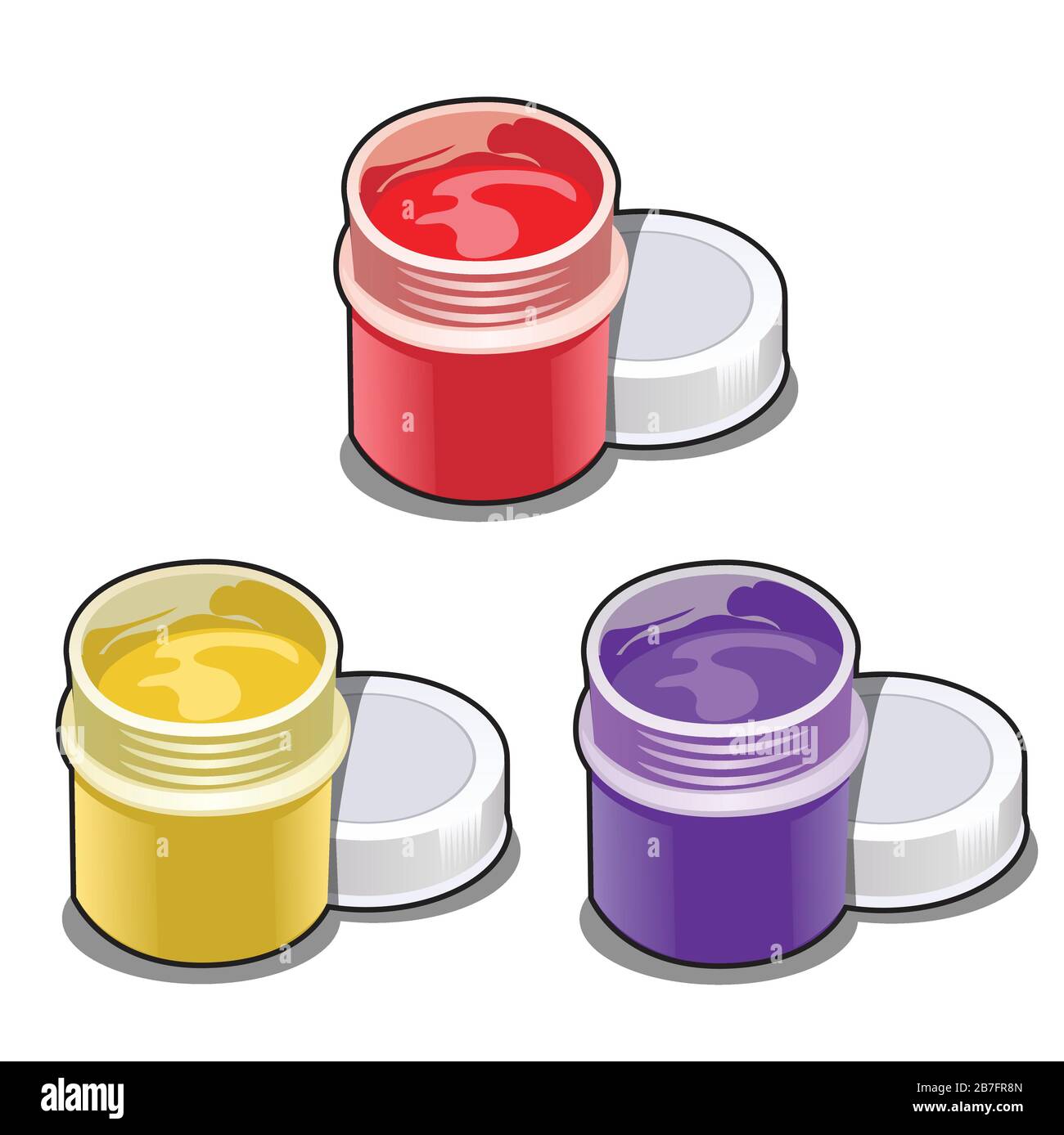 Set of open plastic jars with colorful paint isolated on white ...
