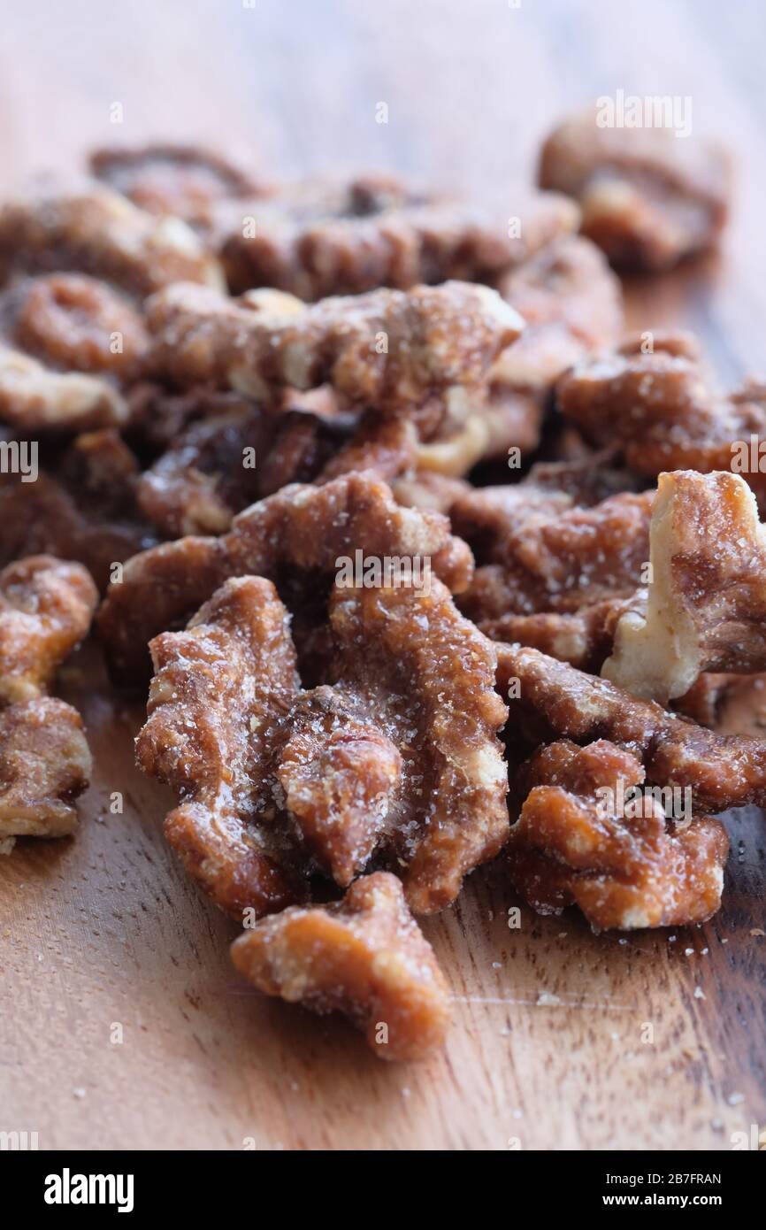 closeup of shelled organic walnut halves. Stock Photo