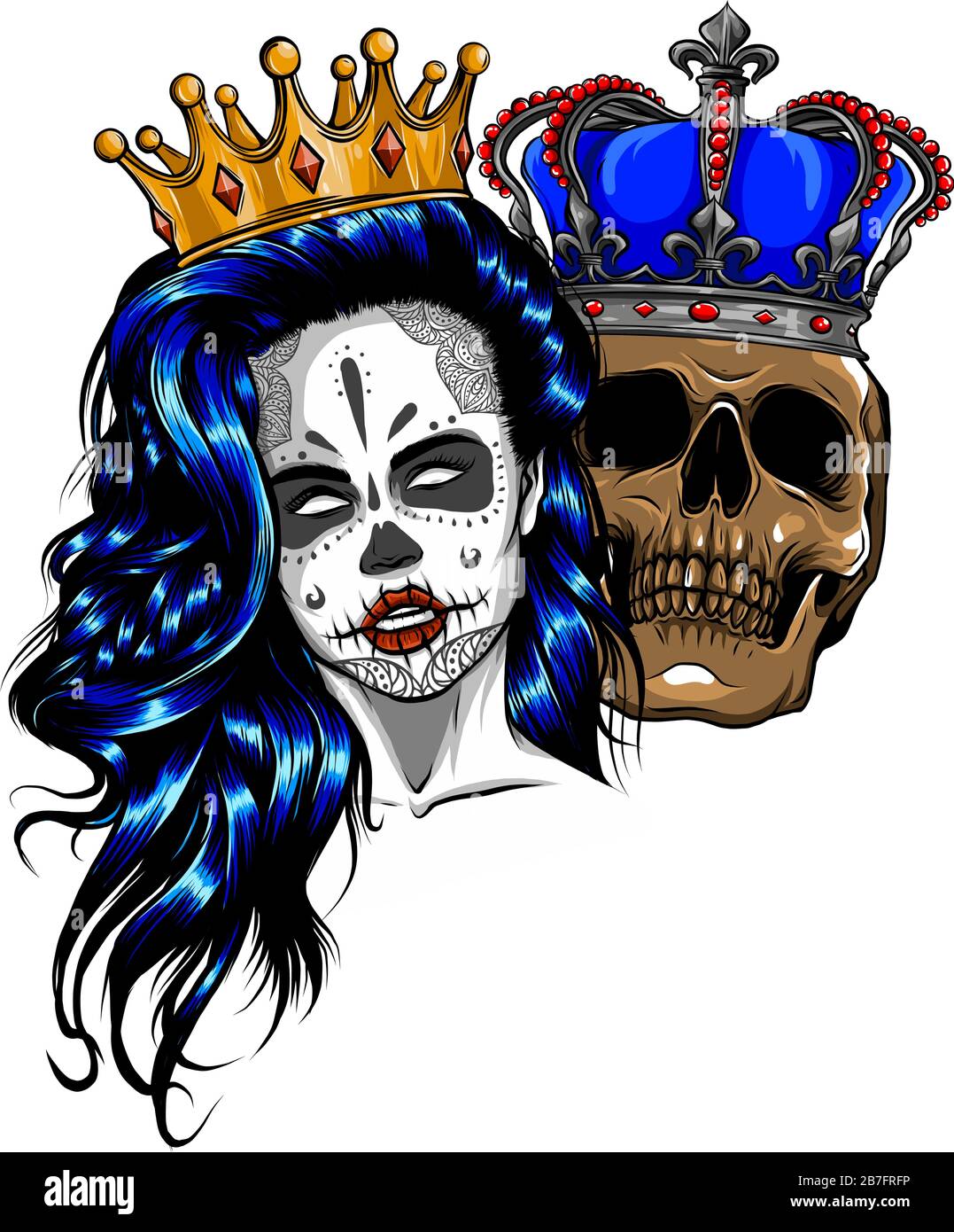 tattoo of King and queen of death. Portrait of a skull with a crown. Stock Vector