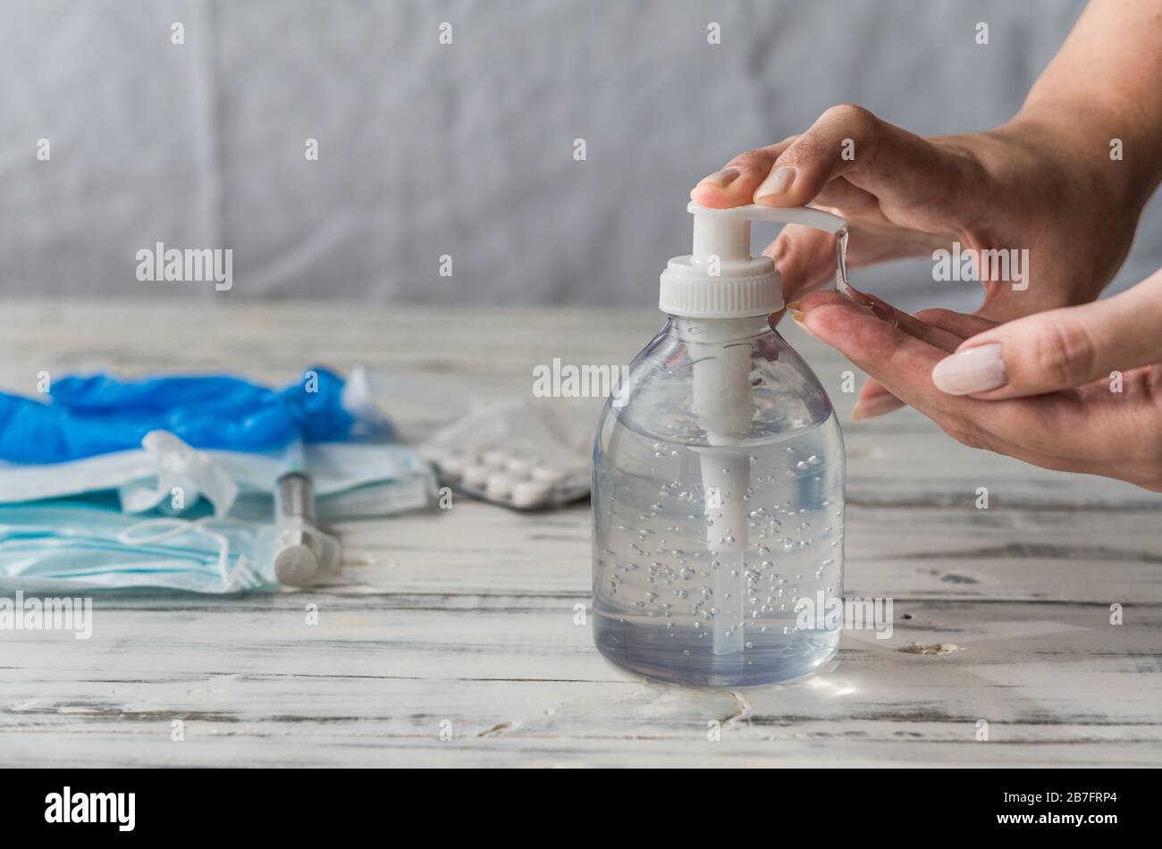 Hand sanitizer gel with alcohol disinfectant for prevention of coronavirus. Stock Photo