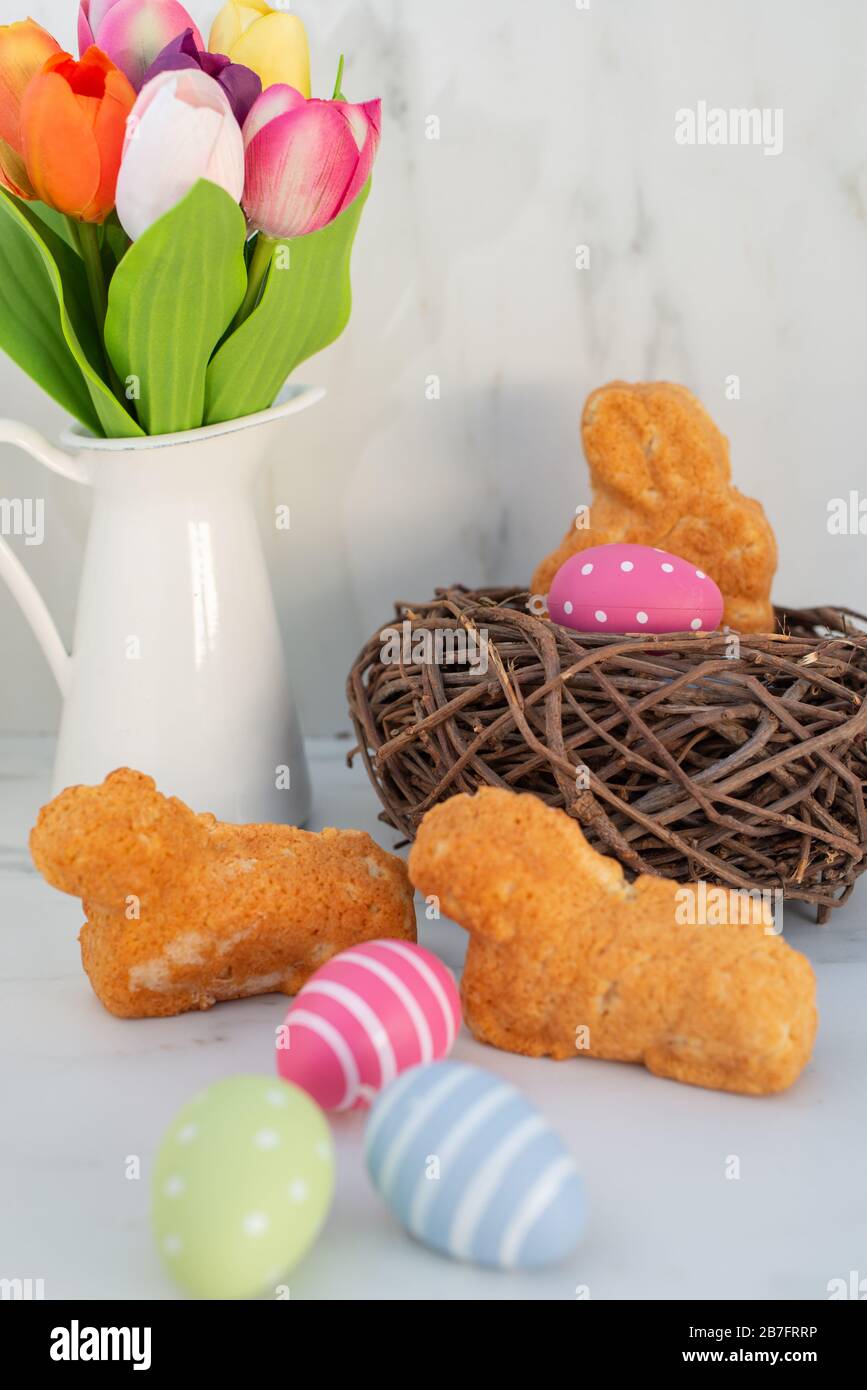 Easter bunny and Easter Lamb cake with easter eggs Stock Photo