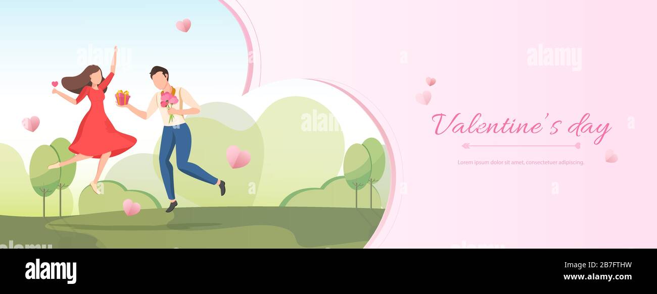 Pink Valentine's day banner background with cartoon couple jumping in the garden and space for text Stock Vector