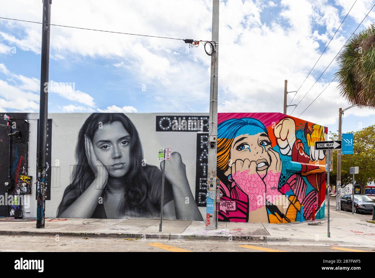 Exterior walls decorated with artistic graffitis, Wynwood Art District, Miami, Florida, UK. Stock Photo