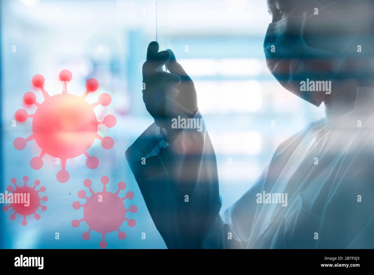 scientist woman with red covid 19 or corona virus disease infection in blue medical health science laboratory background Stock Photo
