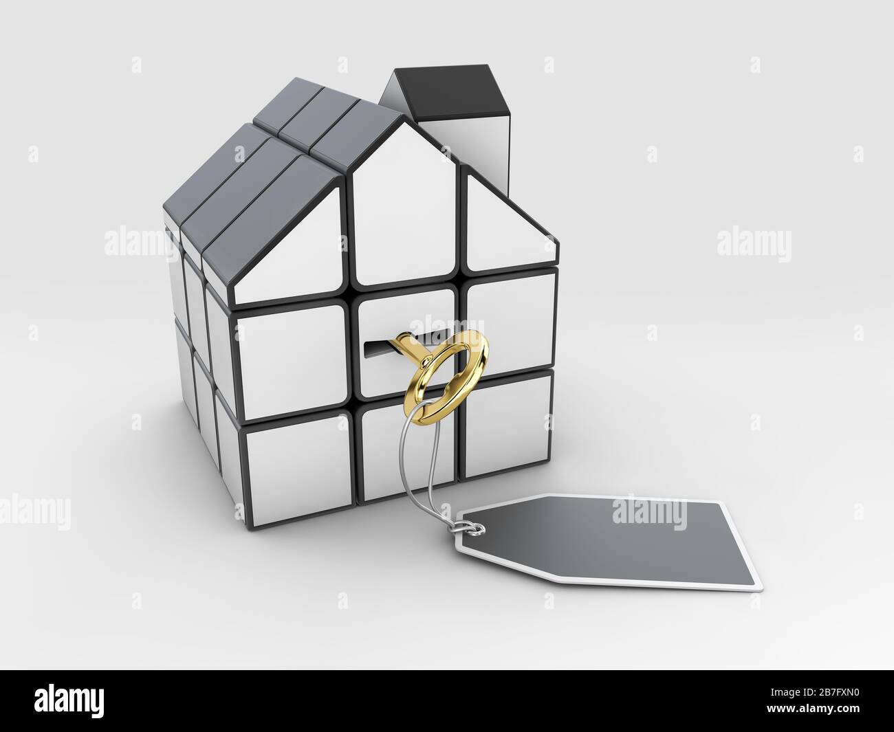 3d rendering of rubik's cube in the form of a house with key, Ideas for