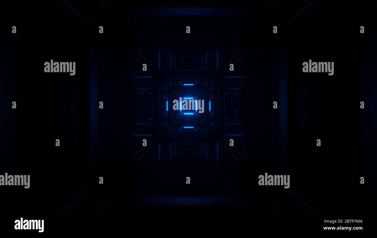 Rendering abstract futuristic background with glowing neon blue lights ...