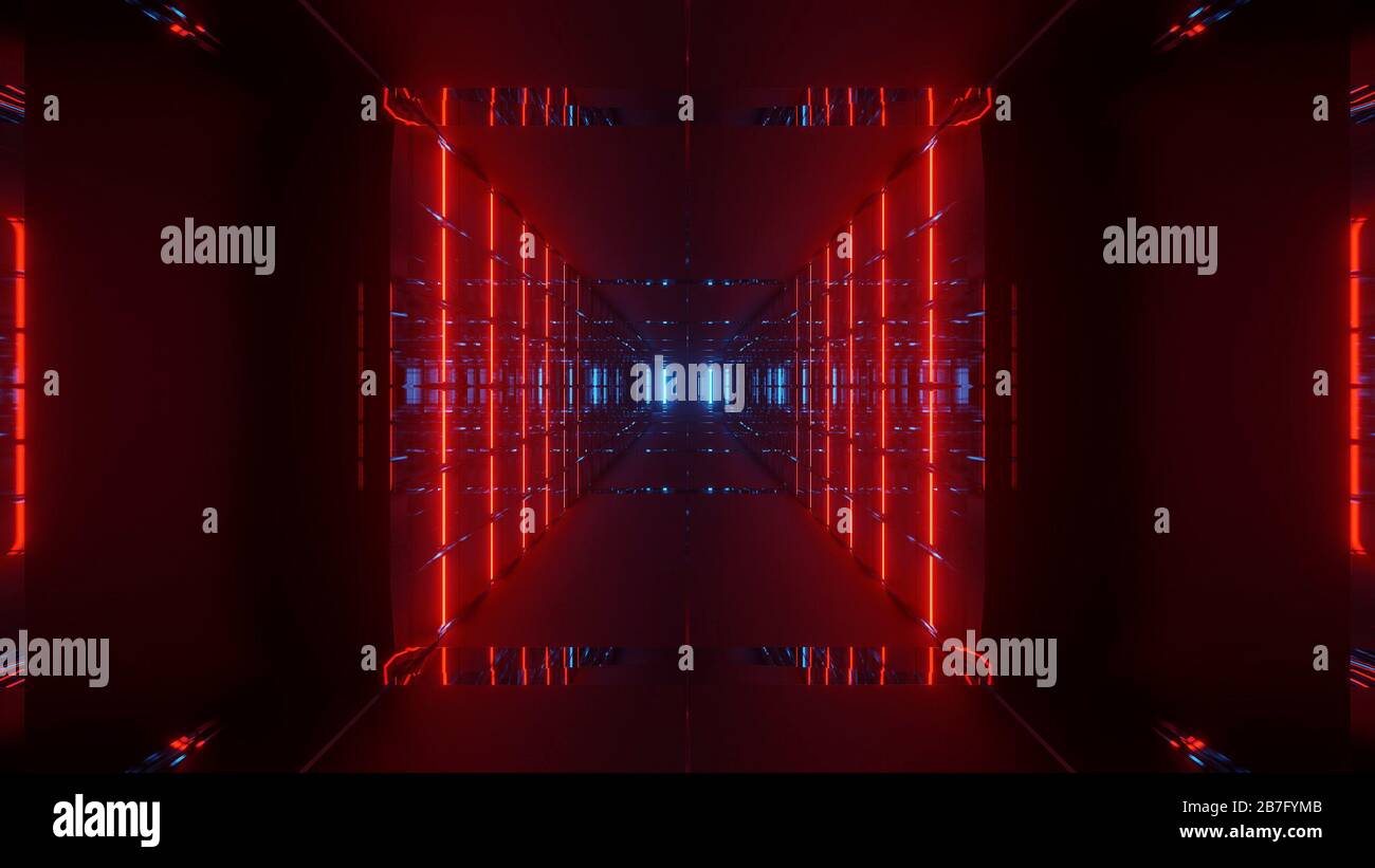 Rendering abstract futuristic background with glowing neon red and blue ...