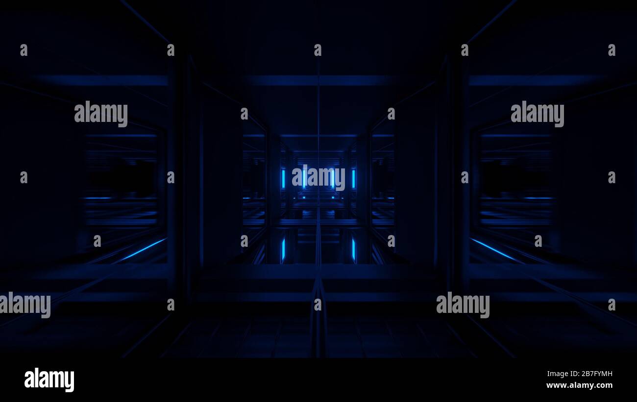 Rendering abstract futuristic background with glowing neon blue lights ...