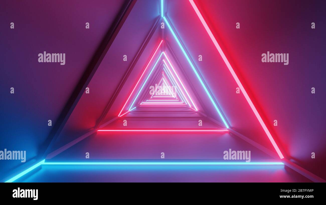 Rendering abstract futuristic background with glowing neon blue and red ...