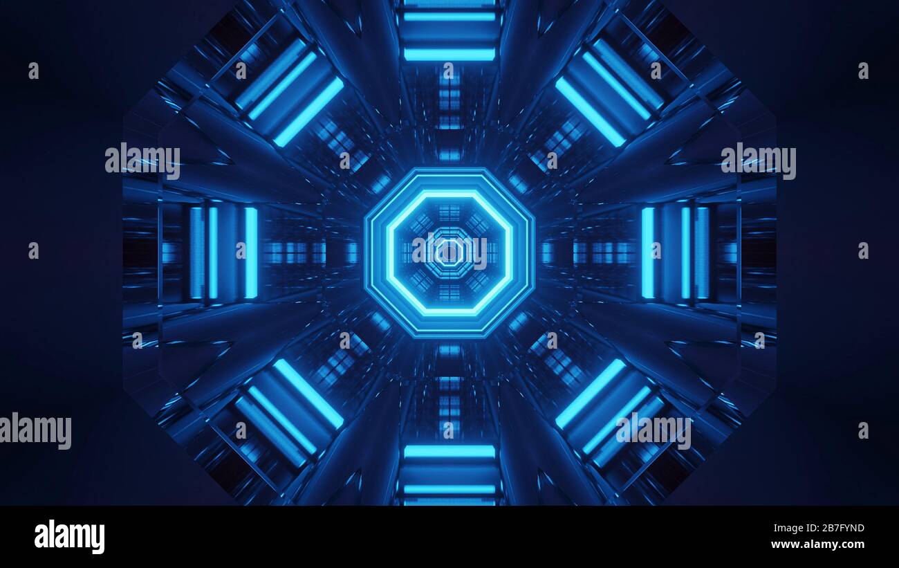 Rendering abstract futuristic background with glowing neon blue lights ...