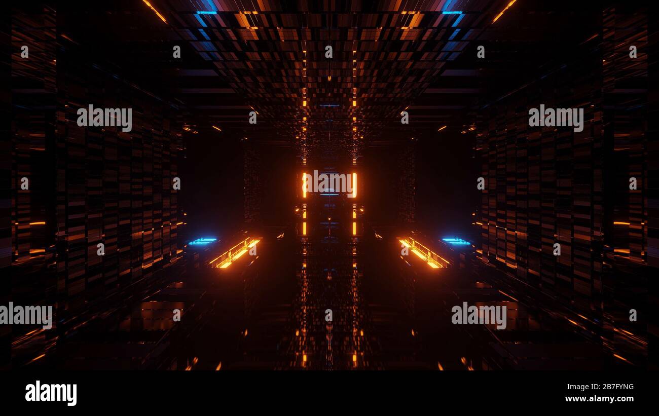 Rendering abstract futuristic background with glowing neon blue and ...