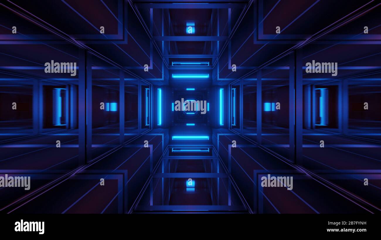 Rendering abstract futuristic background with glowing neon blue lights ...