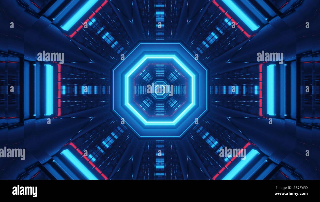 Rendering abstract futuristic background with glowing neon blue and red ...