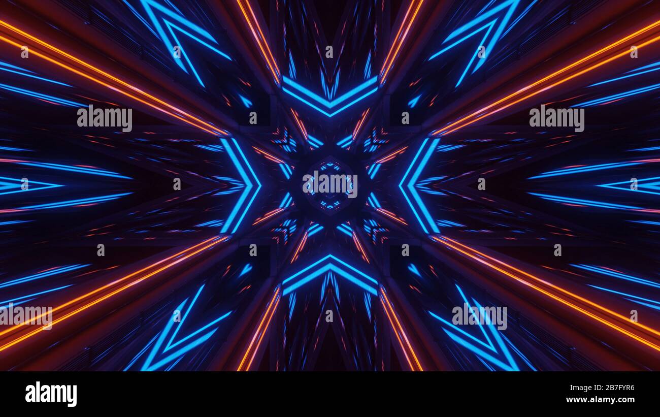 Rendering abstract futuristic background with glowing neon blue and ...
