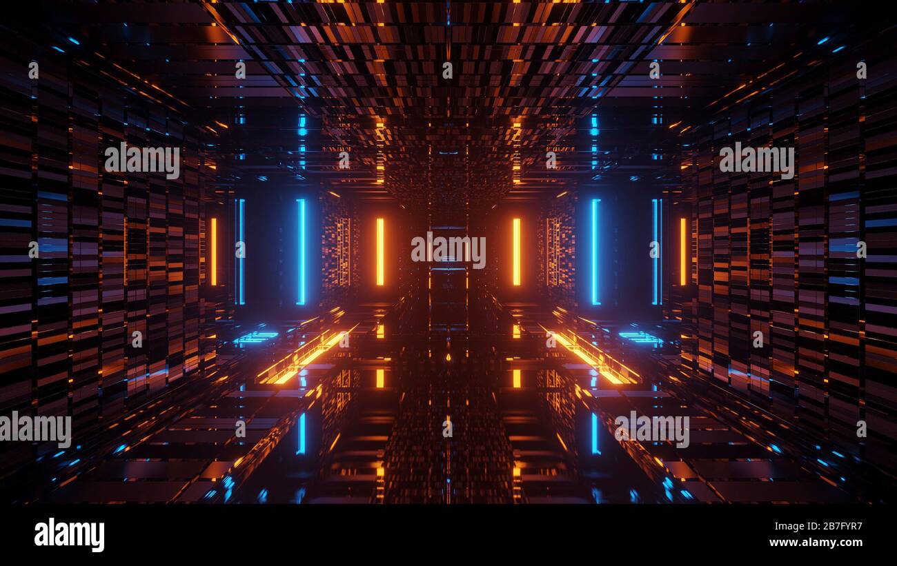 Rendering abstract futuristic background with glowing neon blue and ...