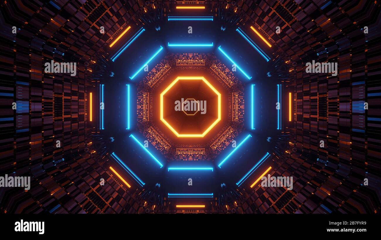 Rendering abstract futuristic background with glowing neon blue and ...
