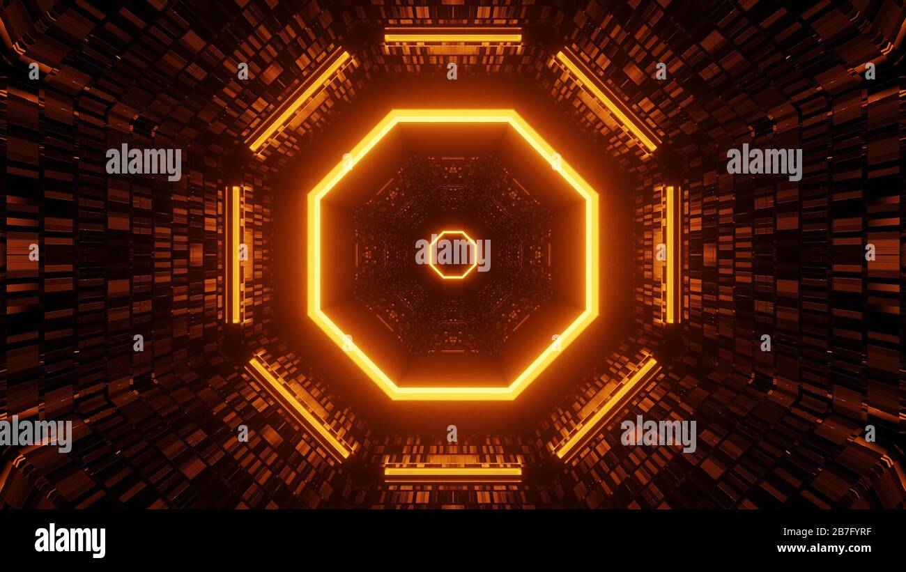 Rendering abstract futuristic background with glowing neon orange ...