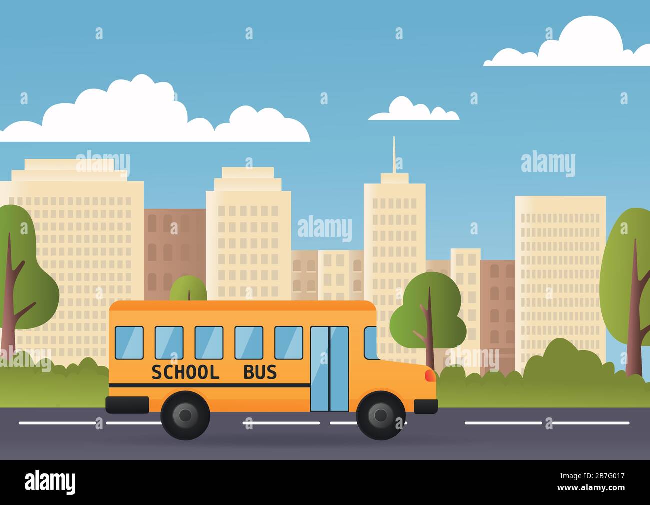 Yellow Bus Riding Back To School 1 September Flat Vector Illustration. Modern city on background Stock Vector