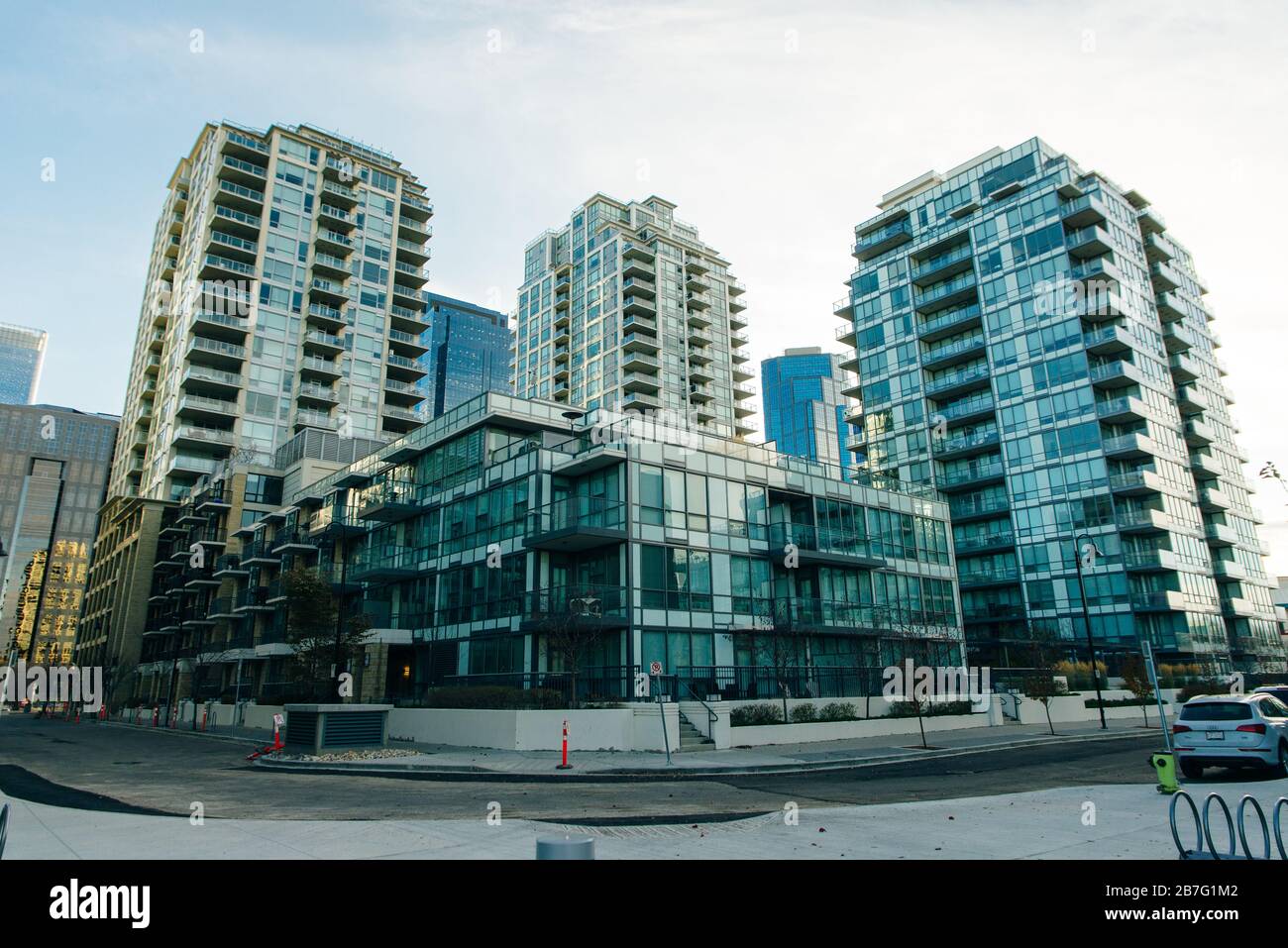 view of Calgary downtown on Centre Street showing tall corporate office ...