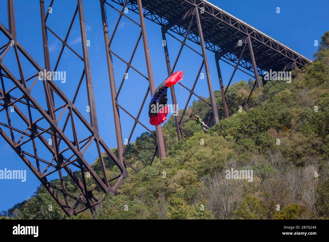 Low angle shot of a BASE jumper on New River Bridge near