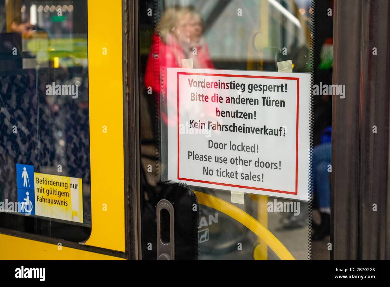 Berlin, Deutschland. 14th Mar, 2020. 14.03.2020, in Berlin buses you can  only get in at