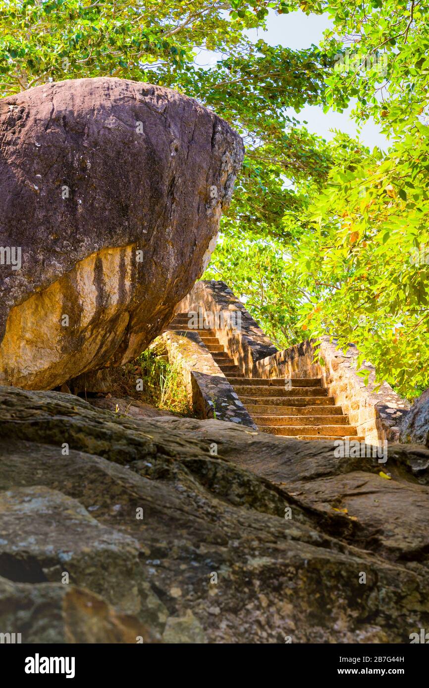 Sri Lanka Anuradhapura Vessagiri Rock of Vessas Issarasamanarama ancient Buddhist forest monastery capital begun 3rd century BC steps stairs Stock Photo