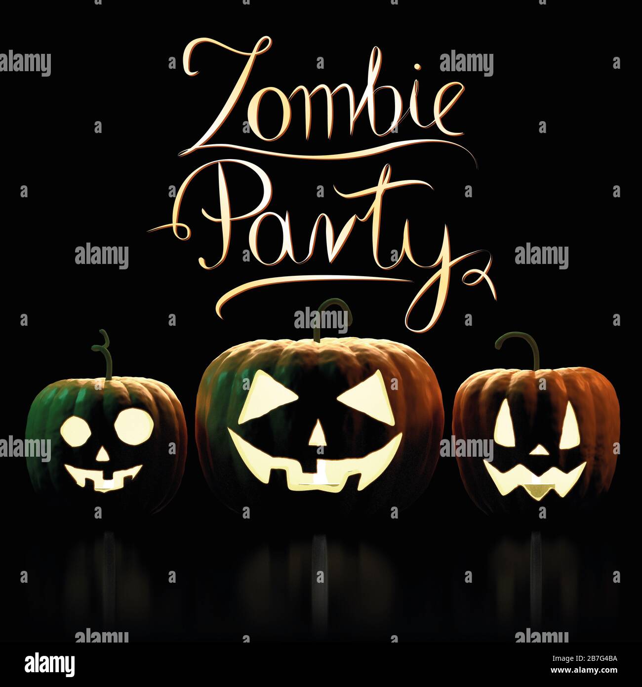 Zombie Party - Halloween card with three pumpkins Stock Photo