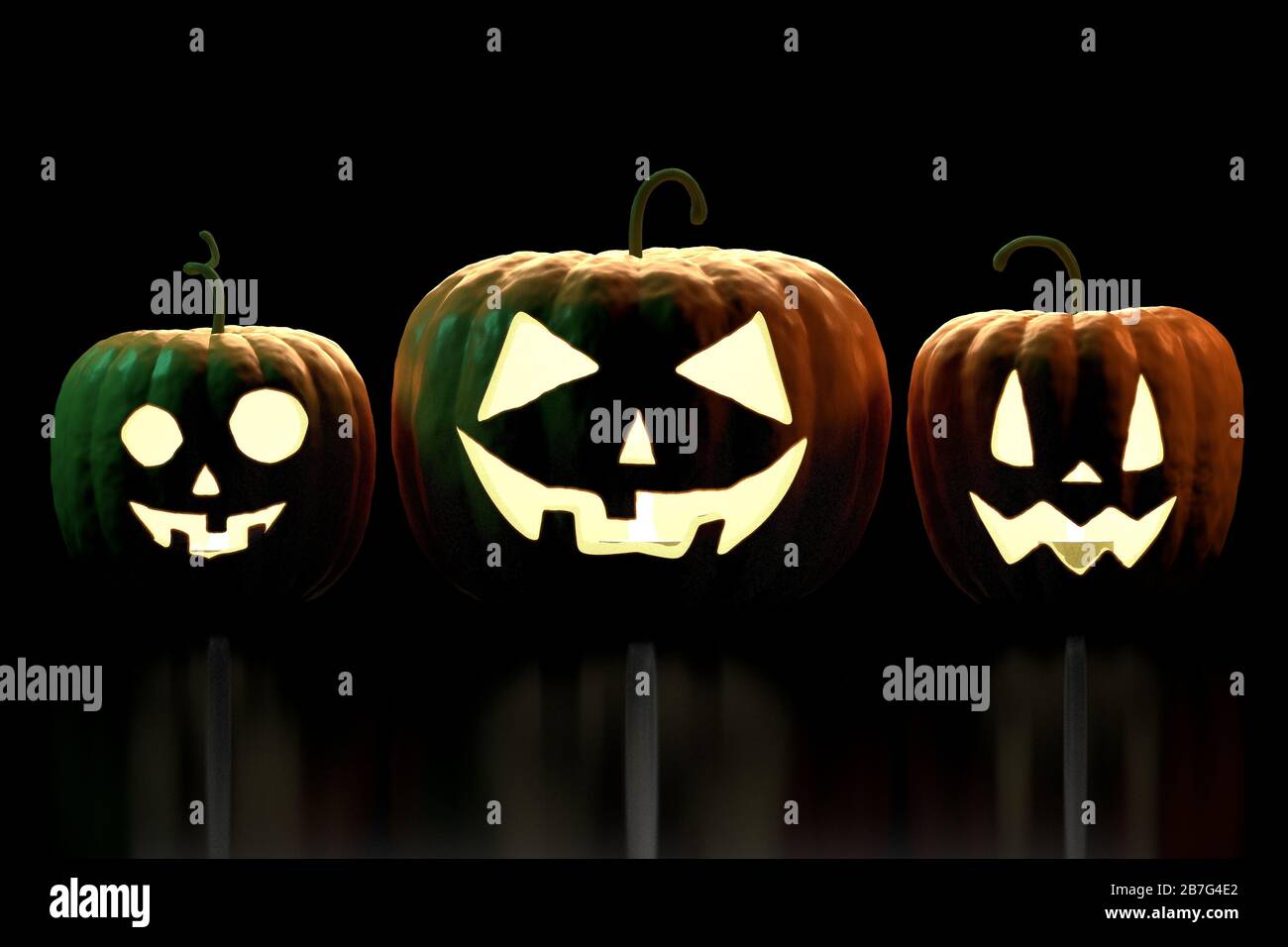 3D three Halloween pumpkins - Jack-o-Lanterns on black background Stock ...