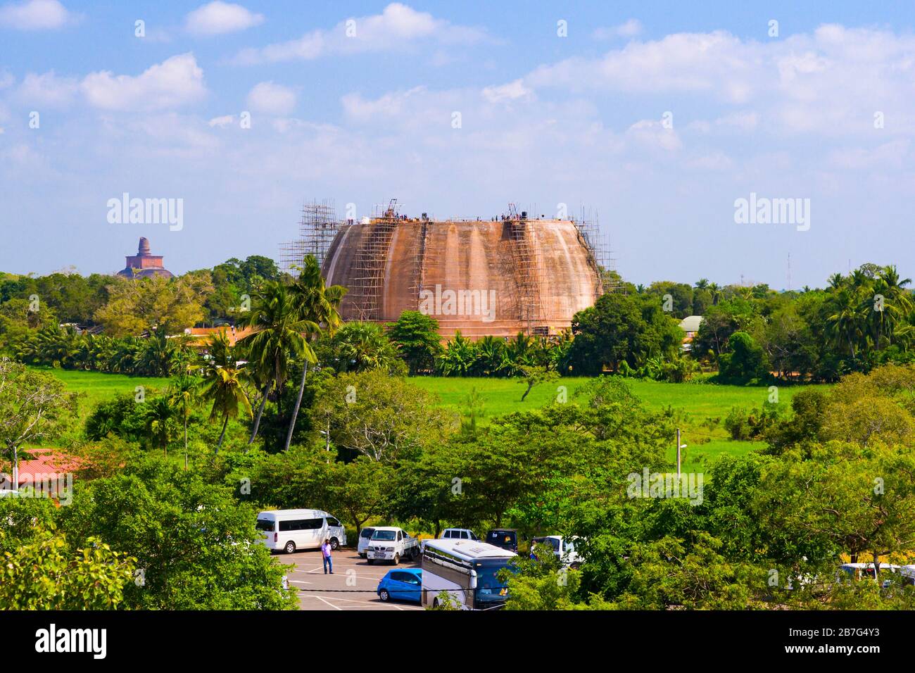 Sri Lanka Anuradhapura view panorama Isurumuni Rock Temple Monastery 3 BC built King Devanampiya Tissa sacred shrine brick Stupa Dagoba restoration Stock Photo