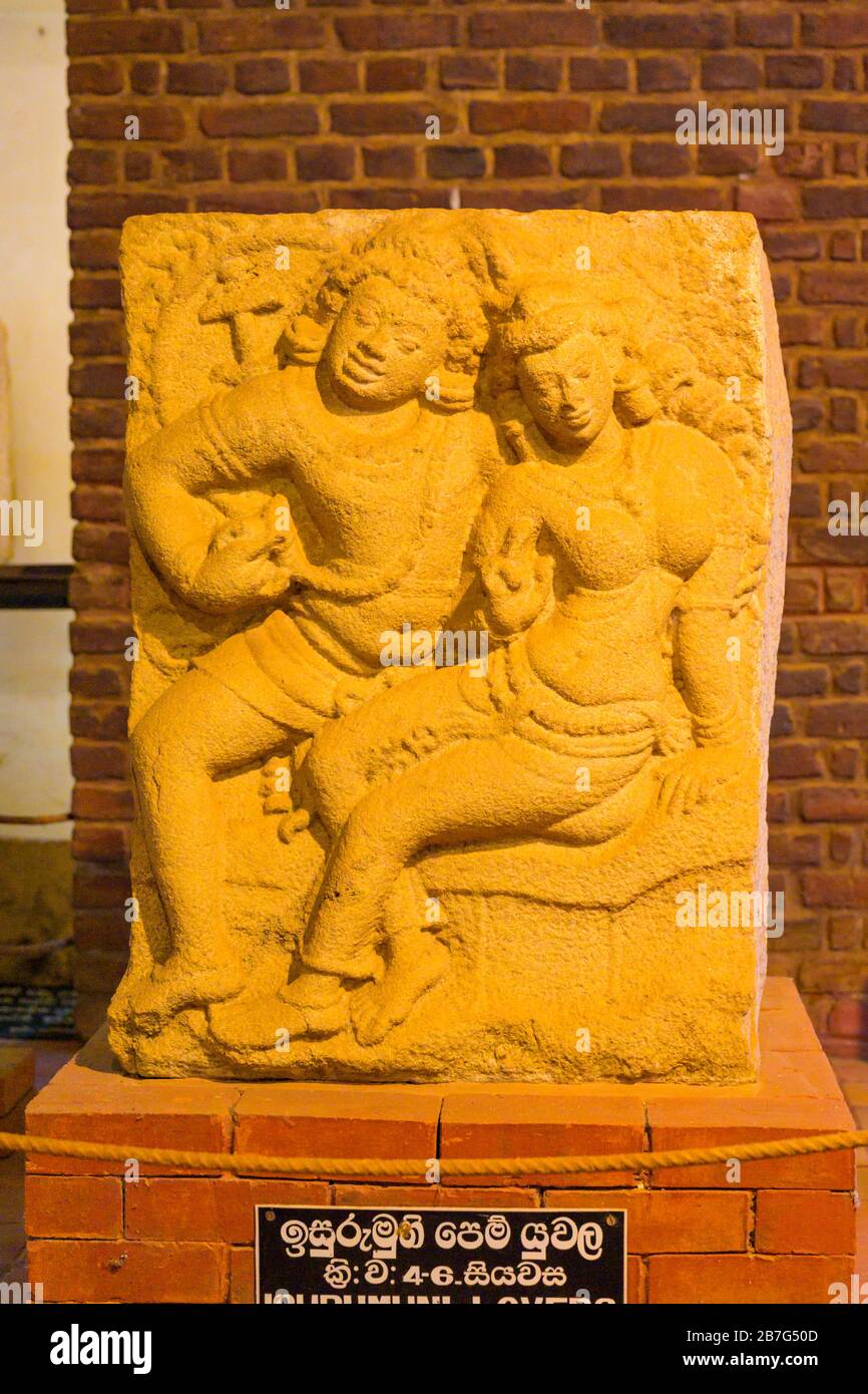 Sri Lanka Anuradhapura Isurumuni Rock Temple Monastery Museum 3 BC built King Devanampiya Tissa sacred shrine The Lovers sculpture relief carving Stock Photo