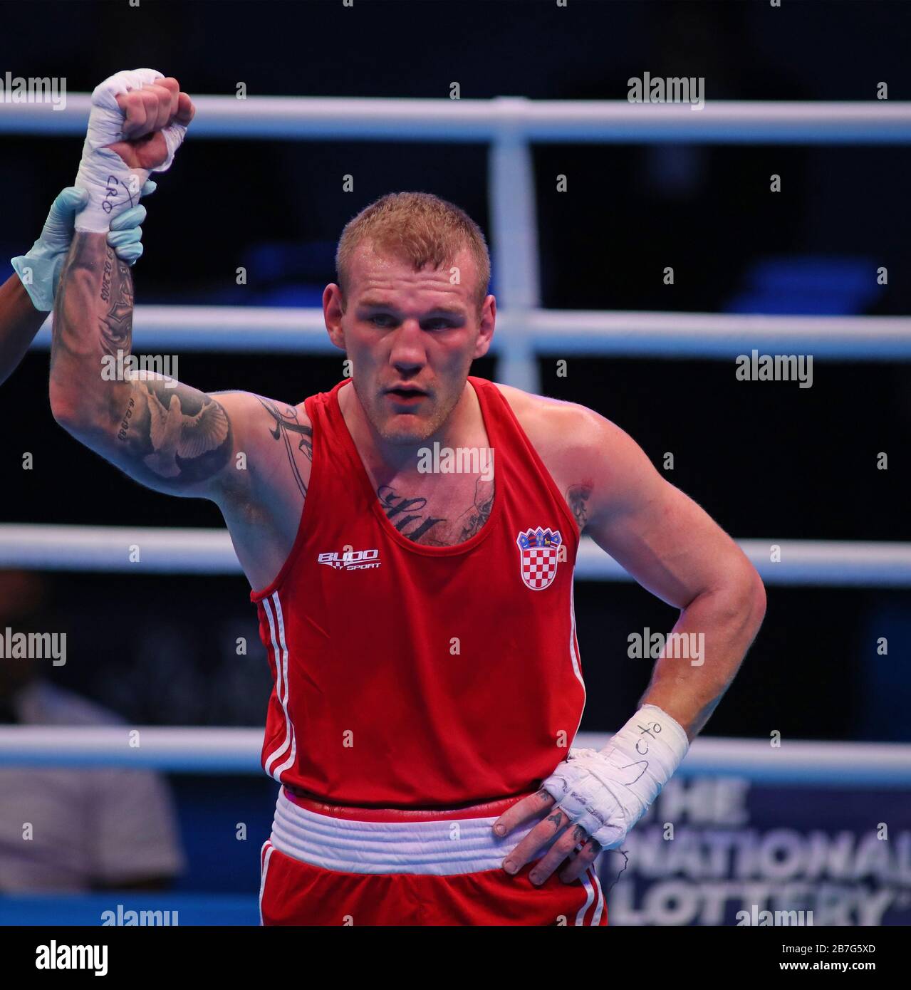 London, UK. 15th Mar, 2020. Luka Plantic of Croatia celebrates after  winning the Men's Light-heavyweight preliminary against Umar Dzambekov of  Austria during The Road to Tokyo European Olympic Boxing Qualification in  London,