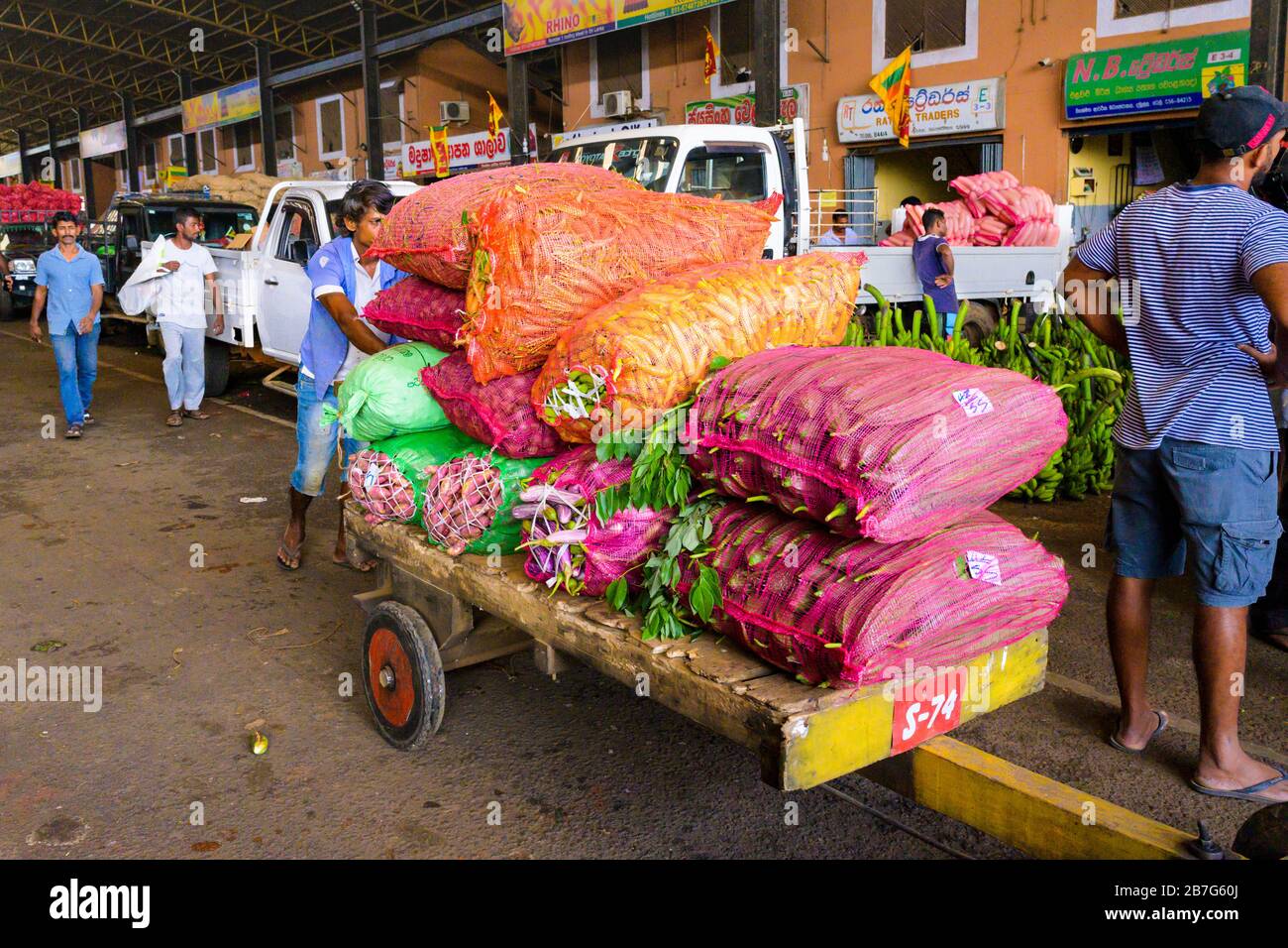Sri Lanka Ceylon Dambulla Economic Centre Center wholesale vegetable & fruit market porter pushing trolley cart red plastic sacks vegetables Stock Photo