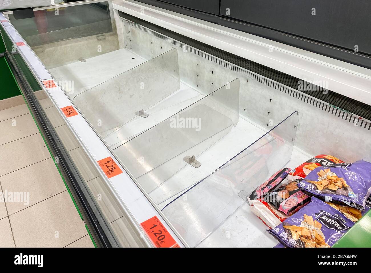 Panic buying results in bare supermarket shelves on the Spanish Island of Mallorca (Majorca) as the country prepares for total lock down as a result of Covid-19. Stock Photo