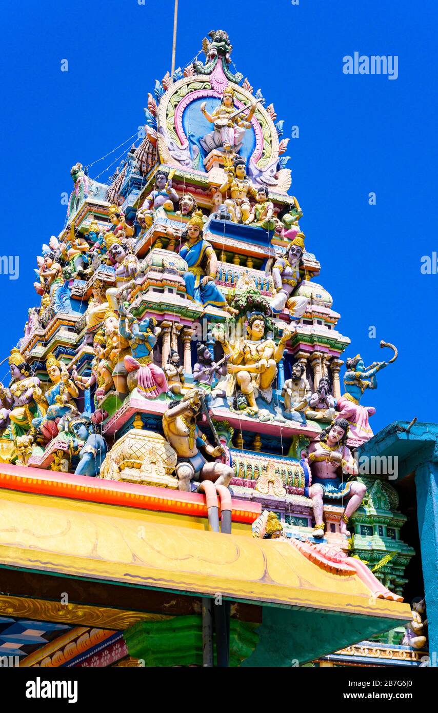 South Asia Sri Lanka Matale Sri Muthumariamman Thevasthanam Hindu Temple built 1874 ornate colourful figures gods roof tower detail Stock Photo