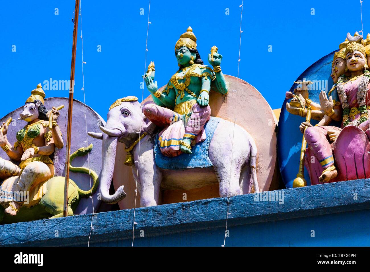 South Asia Sri Lanka Matale Sri Muthumariamman Thevasthanam Hindu Temple built 1874 ornate colourful figures elephant gods roof detail Stock Photo