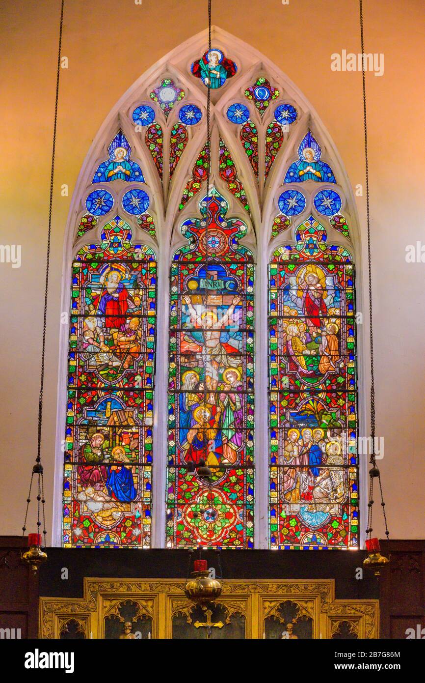 South Asia Sri Lanka Kandy Sinhala Central Province ancient capital St Paul's Anglican Neo-Gothic Church interior inside stained glass window 1852 Stock Photo