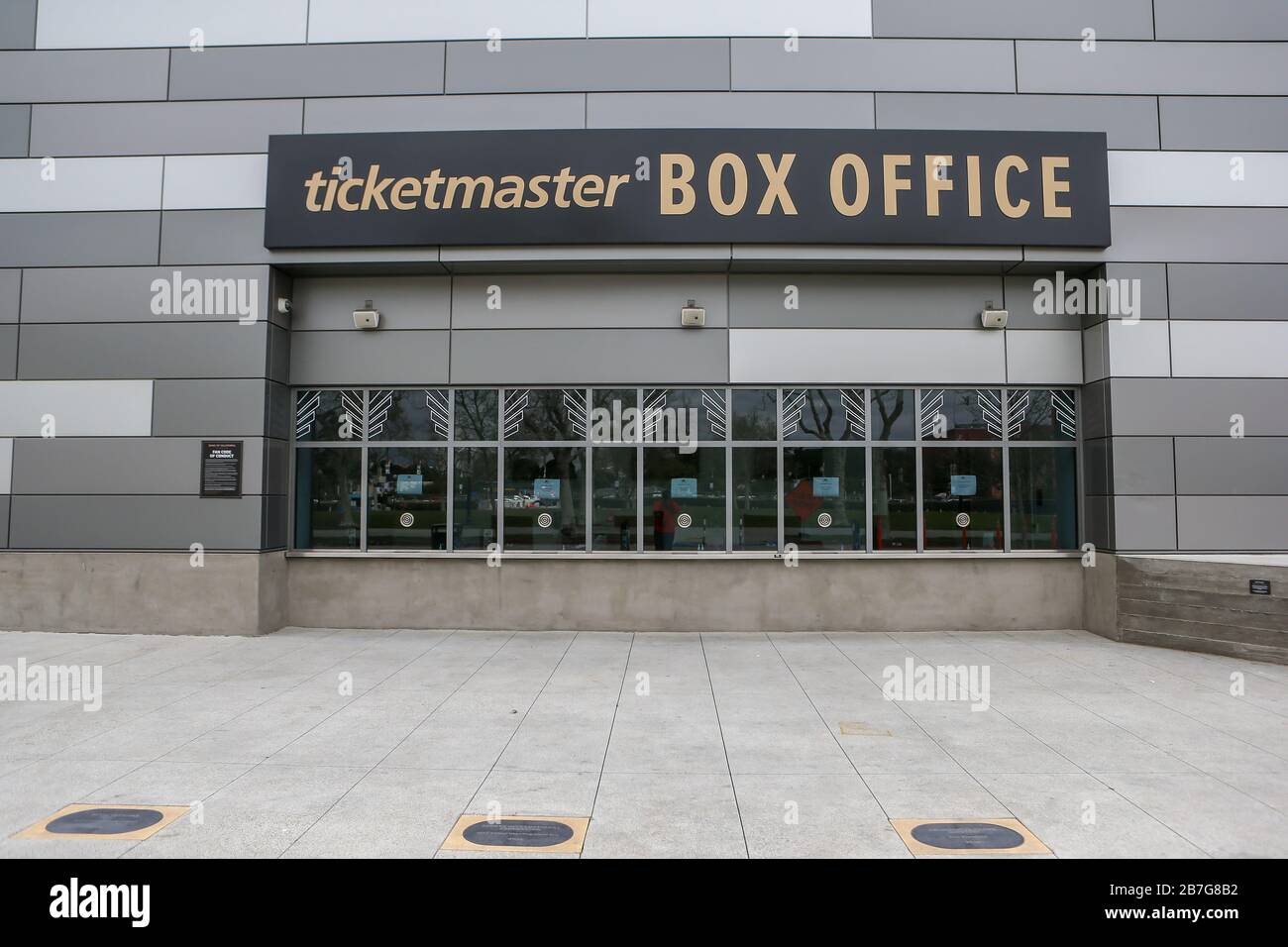 Detailed view of Banc of California Stadium ticketmaster box office for  LAFC located at 3939 S Figueroa St, Los Angeles, CA 90037 on Sunday, Mar.  15, 2020. (Jevone Moore/Image of Sport) (Photo