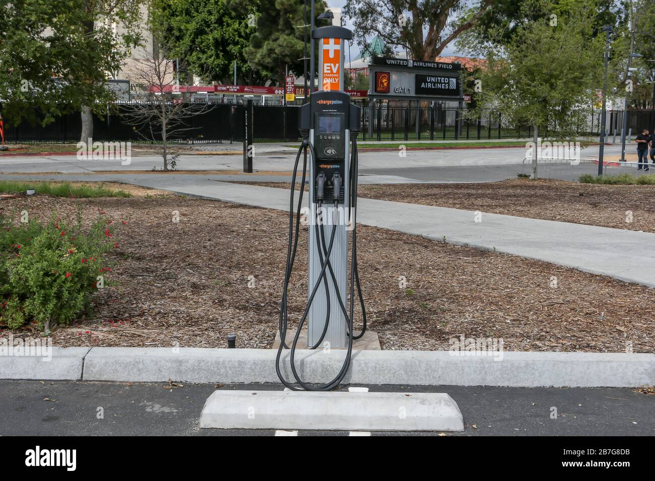 Detailed view of EV Charging Point for electric cars located at 3911 S Figueroa St, Los Angeles, CA 90037 on Sunday, Mar. 15, 2020. (Jevone Moore/Image of Sport) (Photo by IOS/Espa-Images) Stock Photo