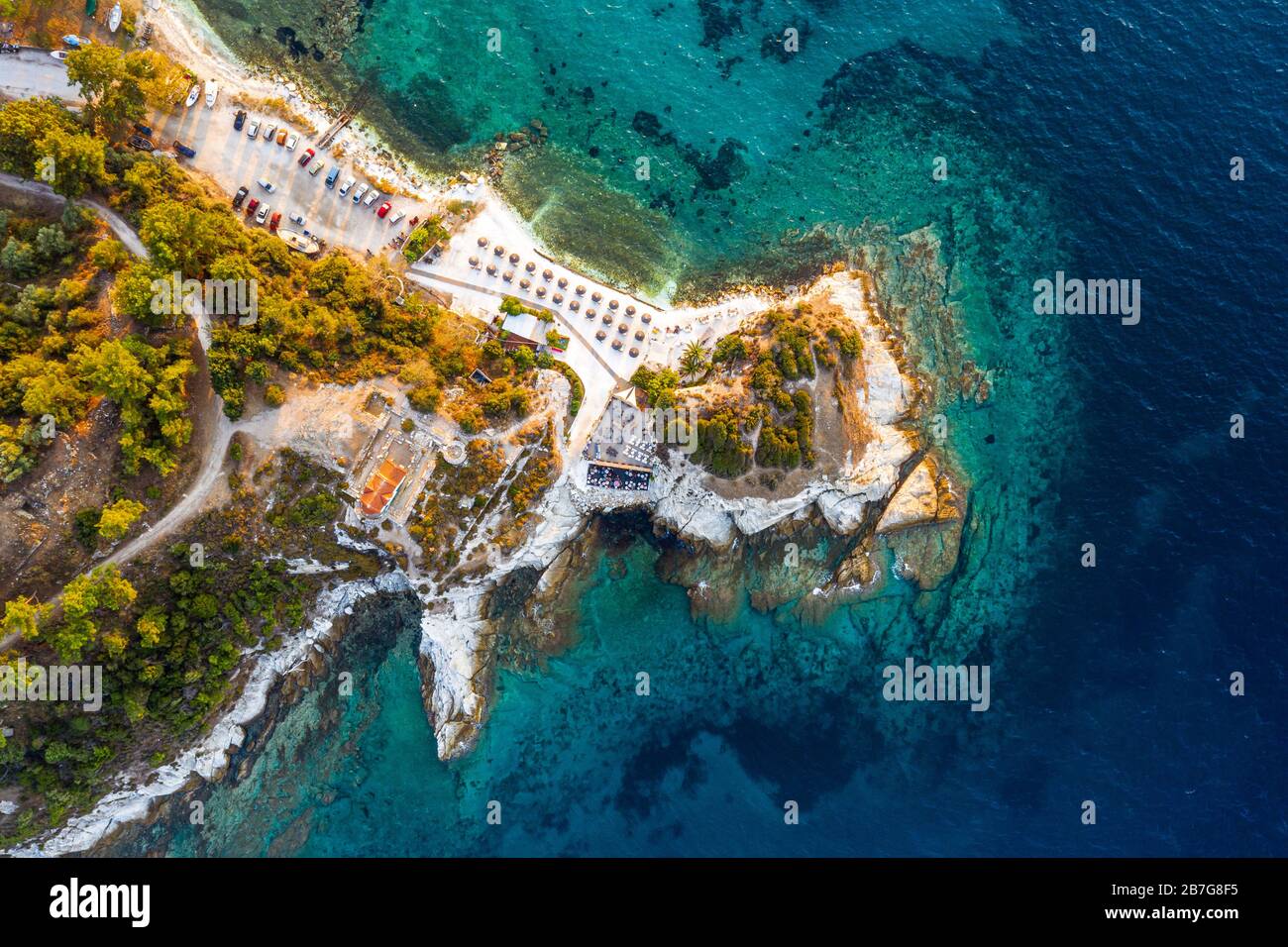 Thassos beach Karnagio near Thasso Town (Limenas) aerial view Stock Photo