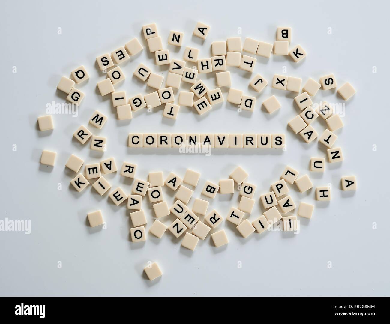 Coronavirus covid19 spelt on scrabble tiles and surrounded by other tiles  Stock Photo