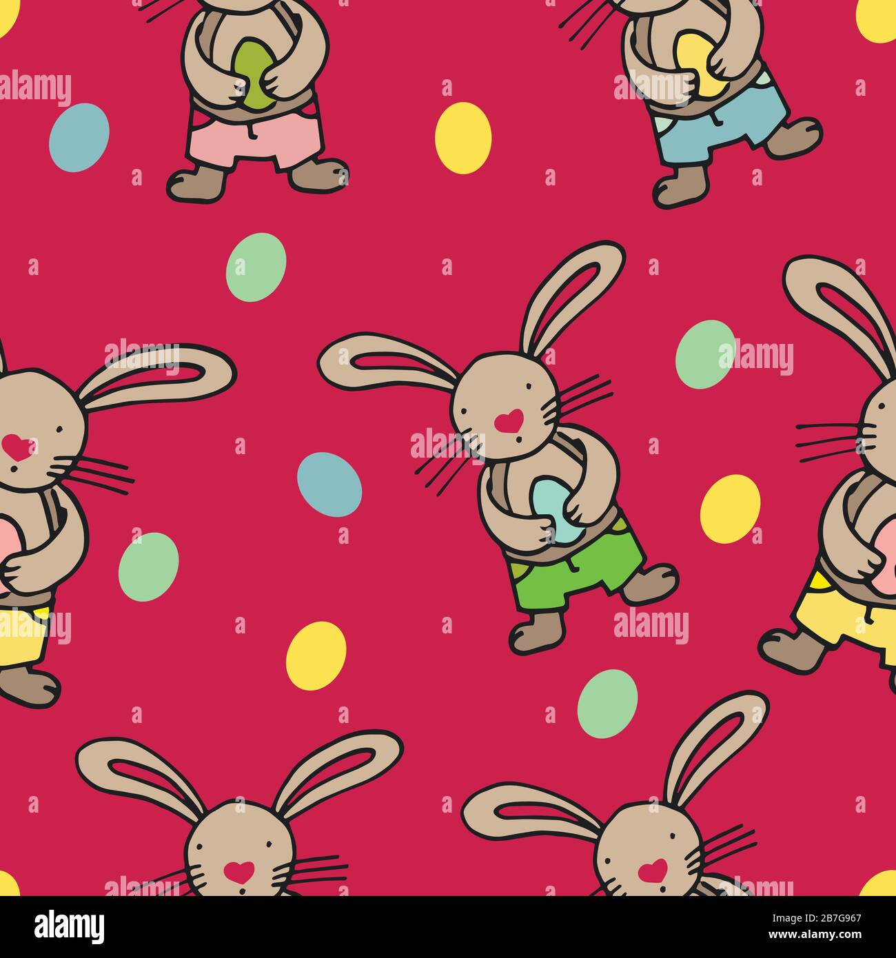Easter seamless pattern design with bunnies on pink background Stock Vector