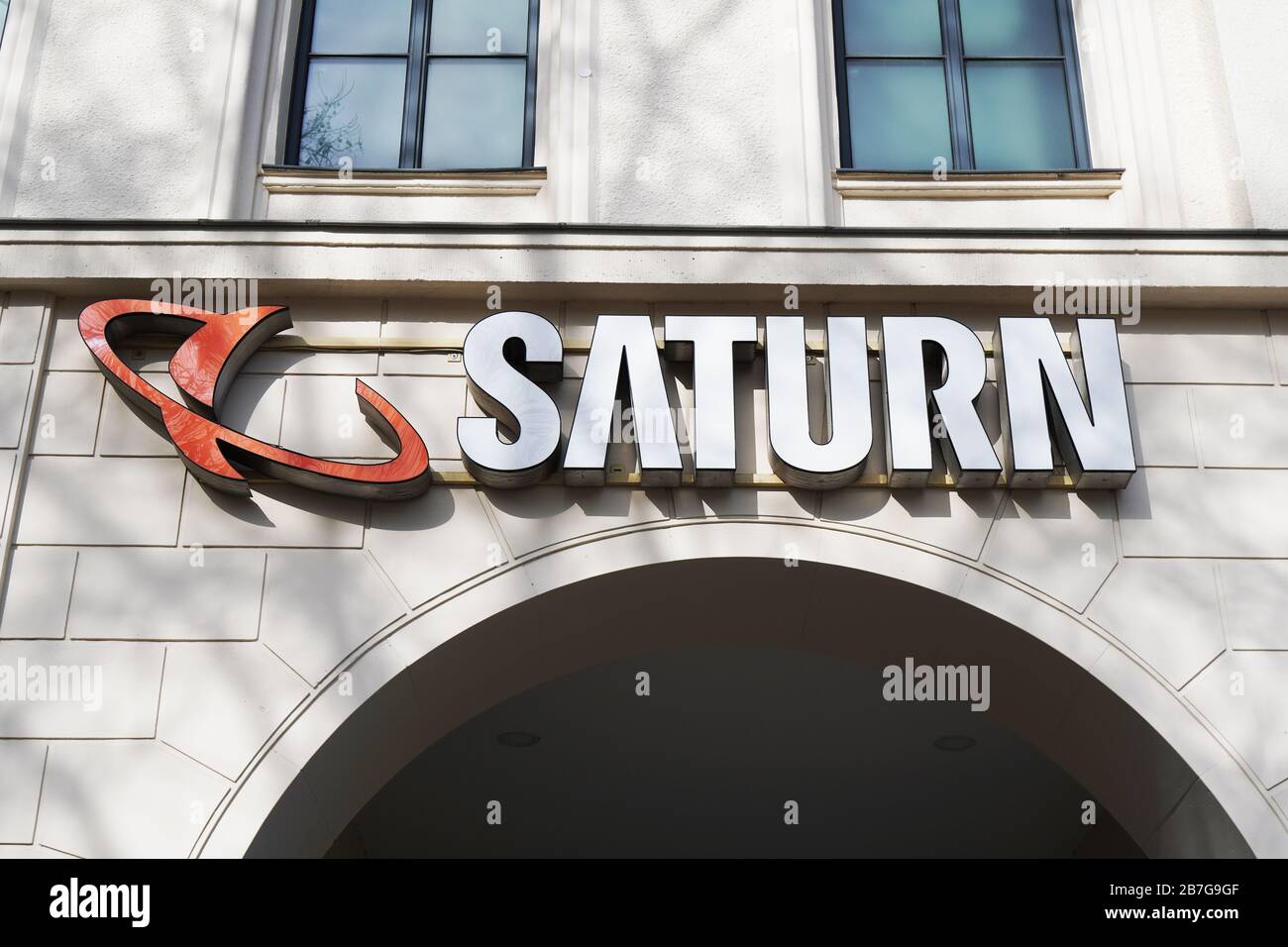 Hannover, Germany - March 2, 2020: Saturn brand name and logo of german consumer electronics chain store Stock Photo