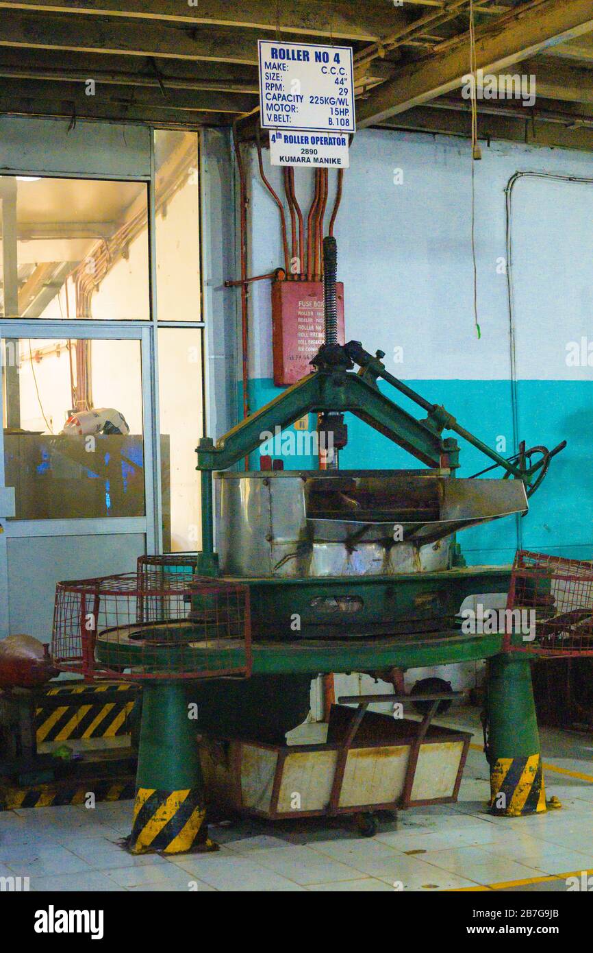 South Asia Sri Lanka Geragama Estate Tea Factory sign signs old roller no 4 machine machinery plant capacity 225 kg operator Kumara Manike 15HP motor Stock Photo