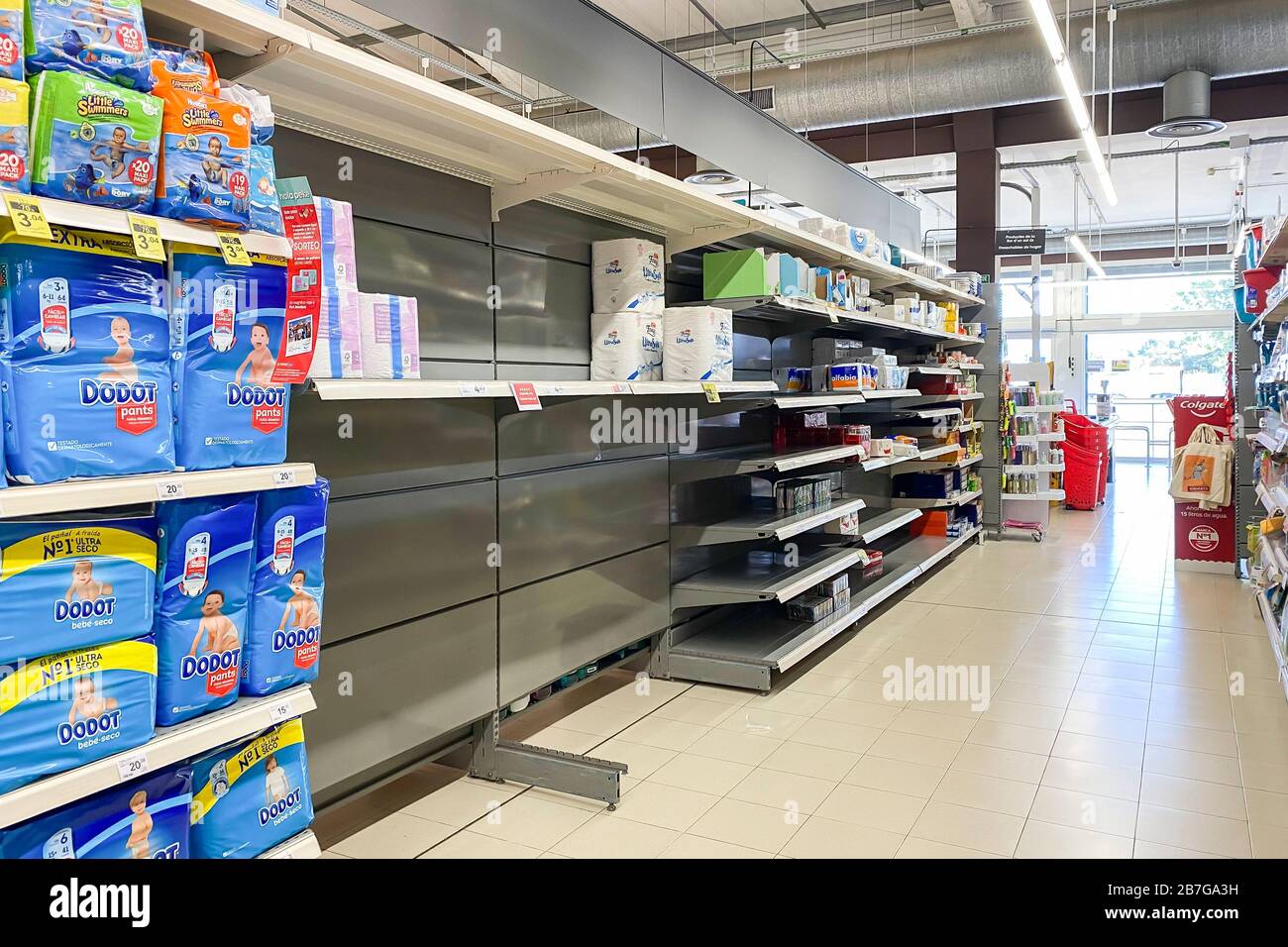 Panic buying results in bare supermarket shelves on the Spanish Island of Mallorca (Majorca) as the country prepares for total lock down as a result of Covid-19. Stock Photo