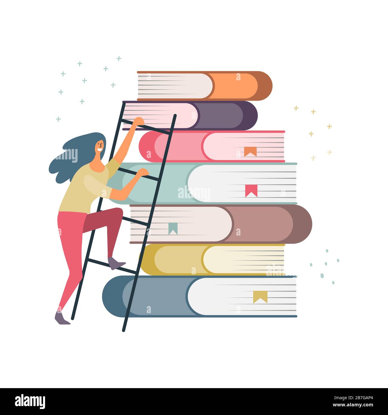 Girl climbs stairs to knowledge on a stack of books vector illustration