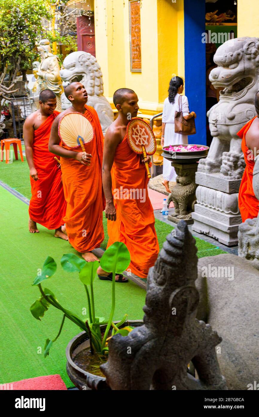 South Asia Sri Lanka Capital City Colombo 19th century Gangaramma Temple Sri Jinaratna Road Ceylon Buddhist Shrine monks saffron habits robes parade Stock Photo