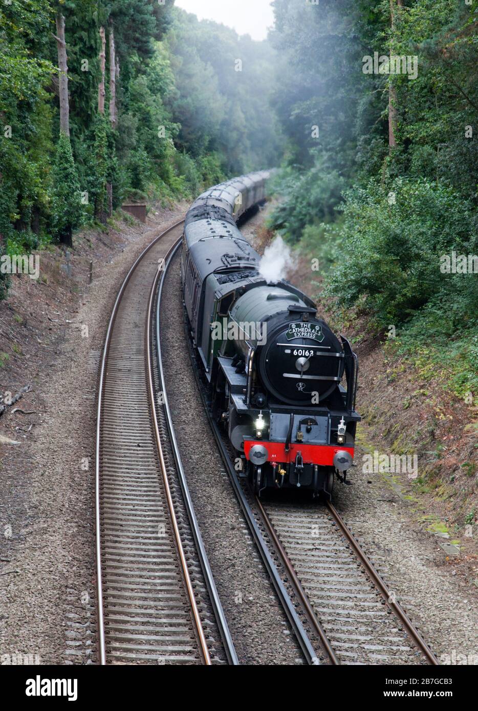 steam locomotive number 60163 Tornado pulls a special train on the mainline railway near Bournemouth, England. Stock Photo