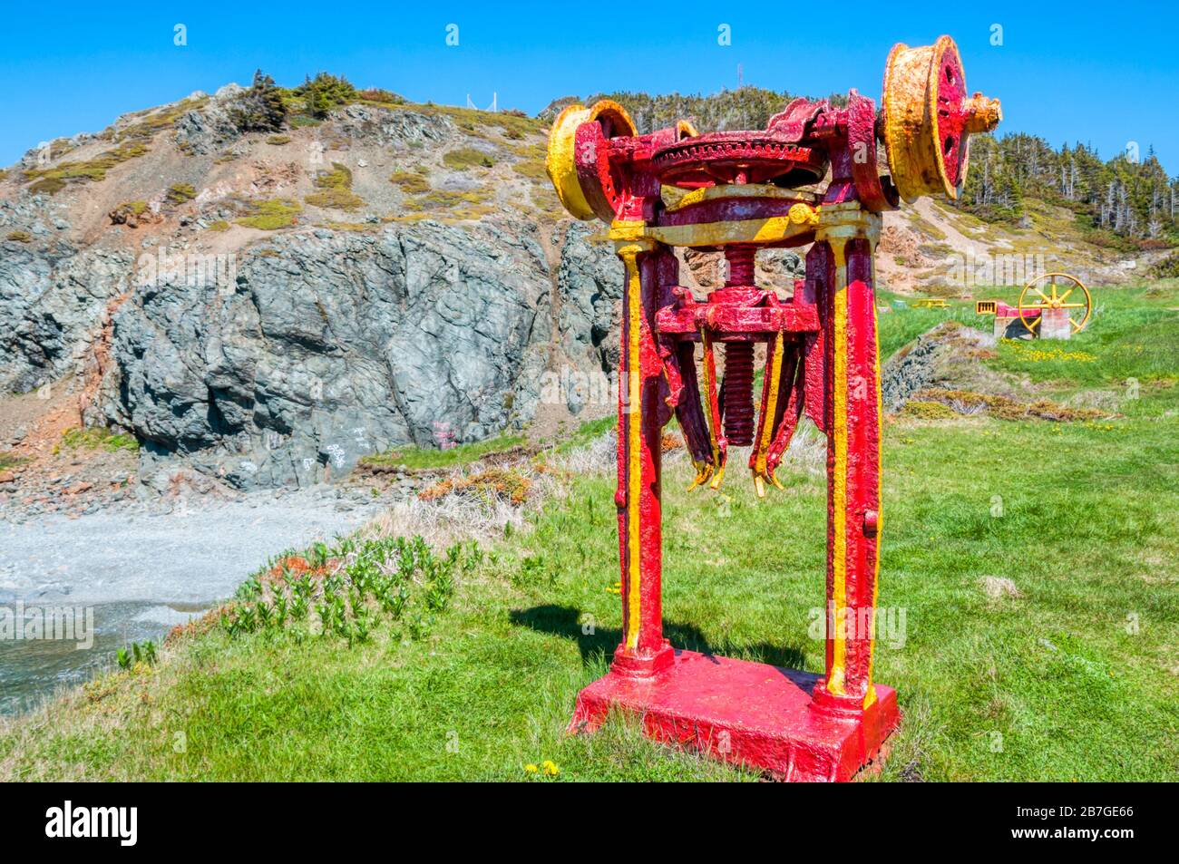 Old mining equipment at the site of the Sleepy Cove copper mine on North Twillingate island, Newfoundland. Stock Photo
