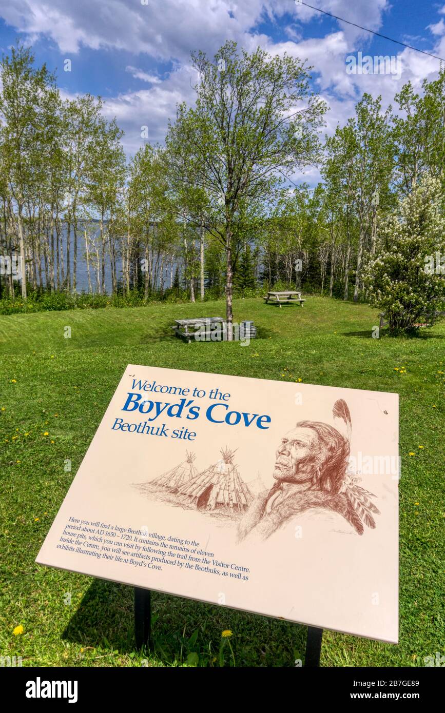 Sign at the Beothuk Interpretation Centre Provincial Historic Site at Boyd's Cove, Newfoundland. Stock Photo