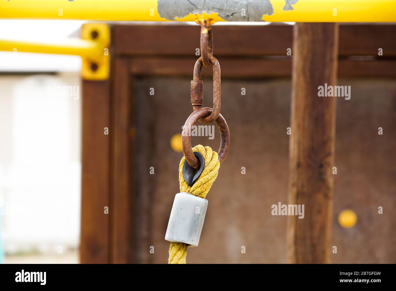 Detail of rope end anchored into hooks Stock Photo
